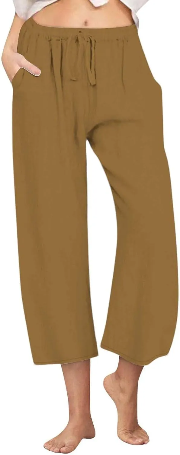Petite Linen Pants for Women 2025 Elastic Waist Wide Leg Capri Pants Summer Drawstring Baggy Beach Capris Shorts