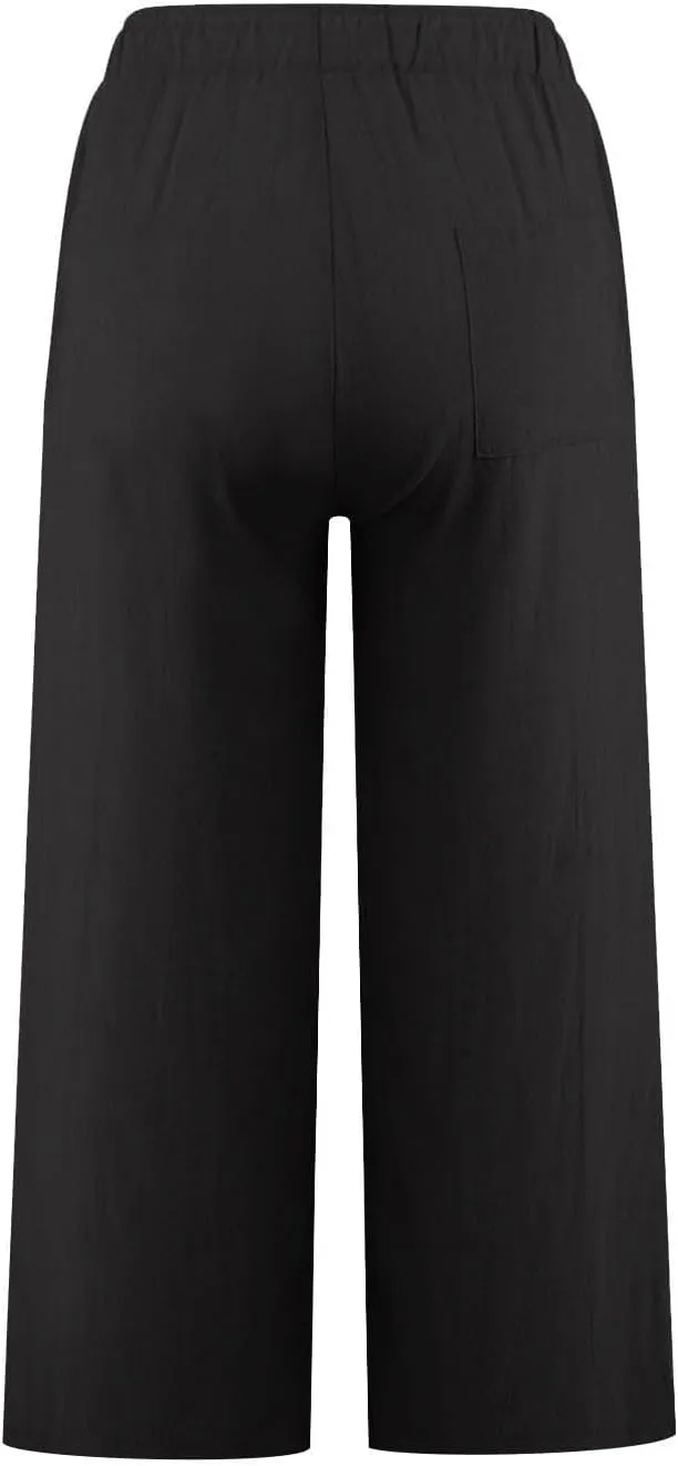 Petite Linen Pants for Women 2025 Elastic Waist Wide Leg Capri Pants Summer Drawstring Baggy Beach Capris Shorts