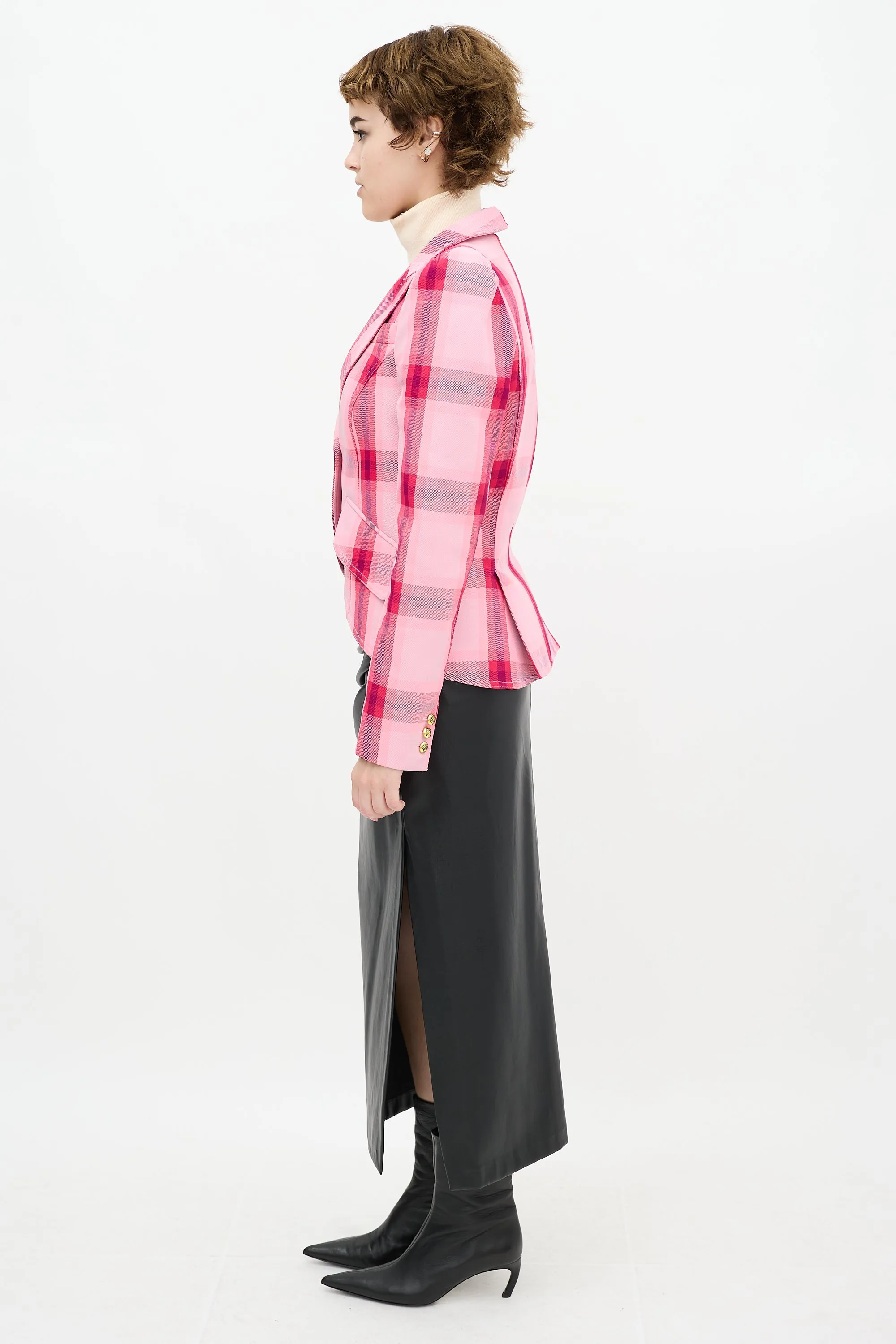 Pink Plaid Pouf Sleeve Blazer