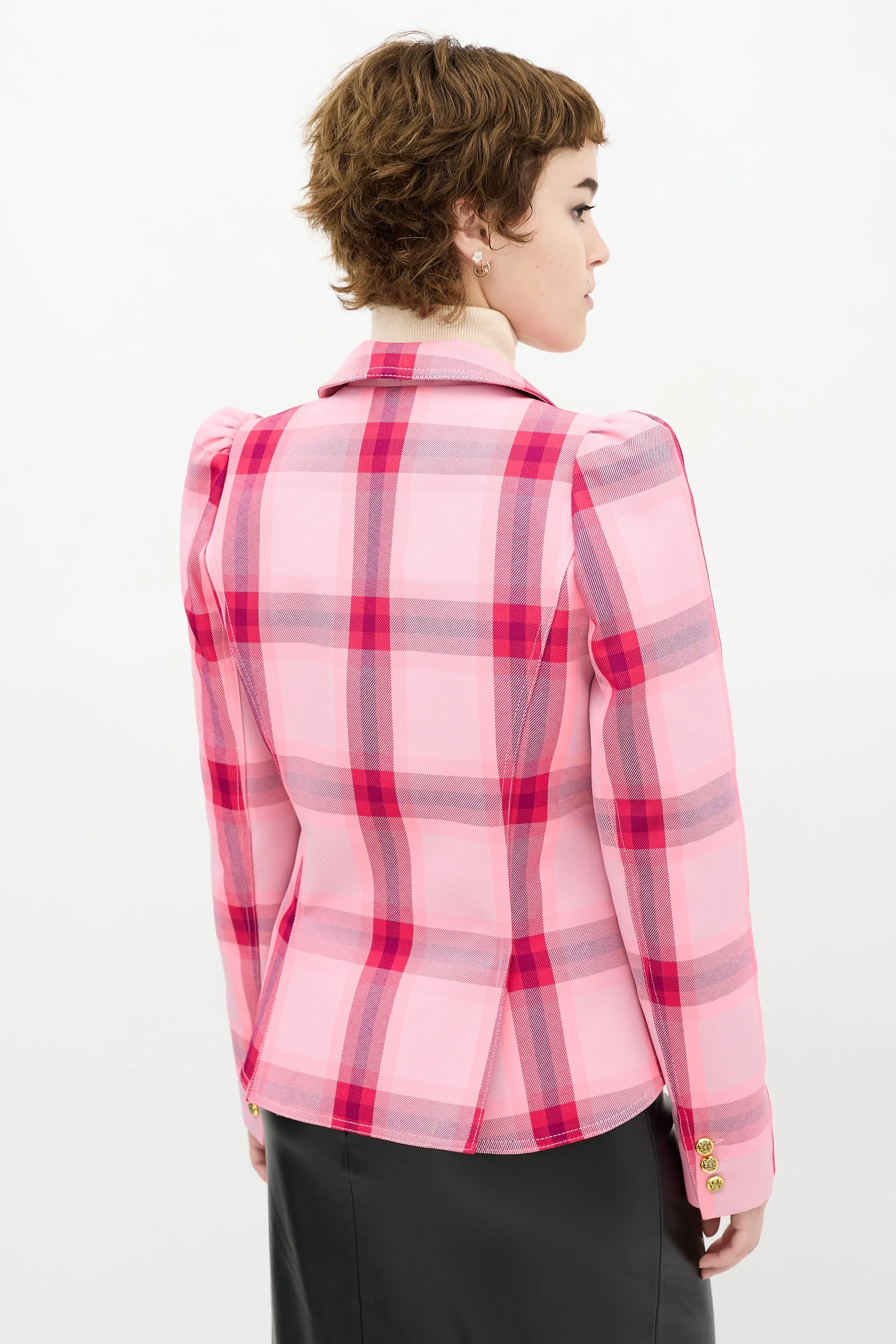 Pink Plaid Pouf Sleeve Blazer