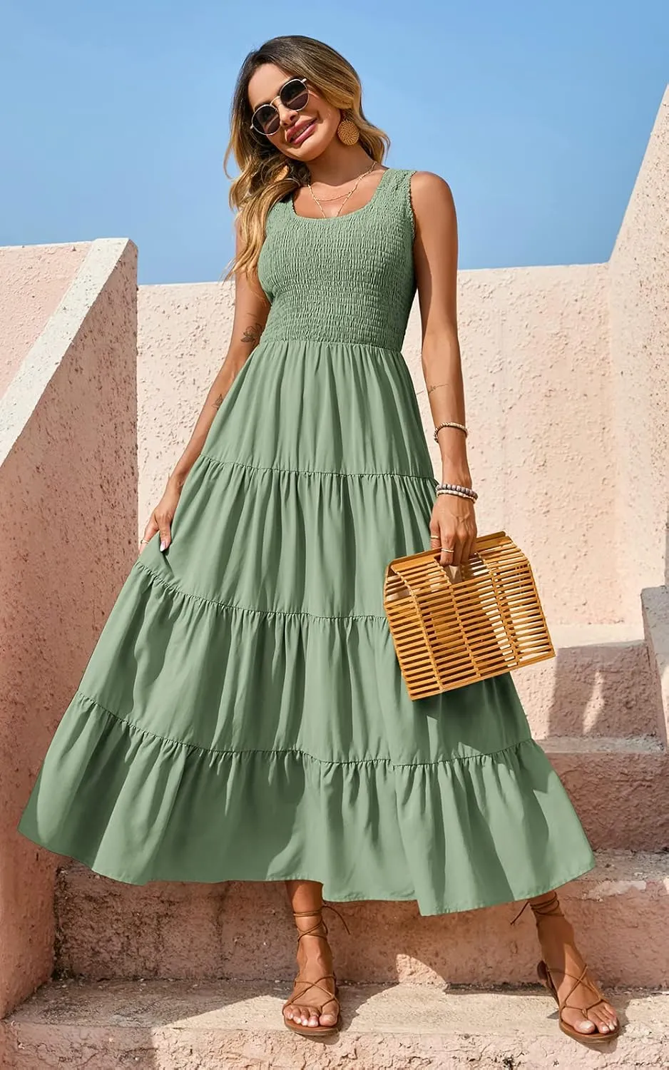 PRETTYGARDEN Women's 2025 Casual Loose Plain Maxi Sundress Smocked Tank Dress Sleeveless Summer Beach Tiered Long Dresses