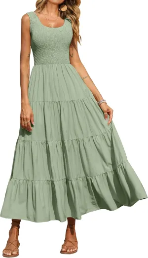 PRETTYGARDEN Women's 2025 Casual Loose Plain Maxi Sundress Smocked Tank Dress Sleeveless Summer Beach Tiered Long Dresses