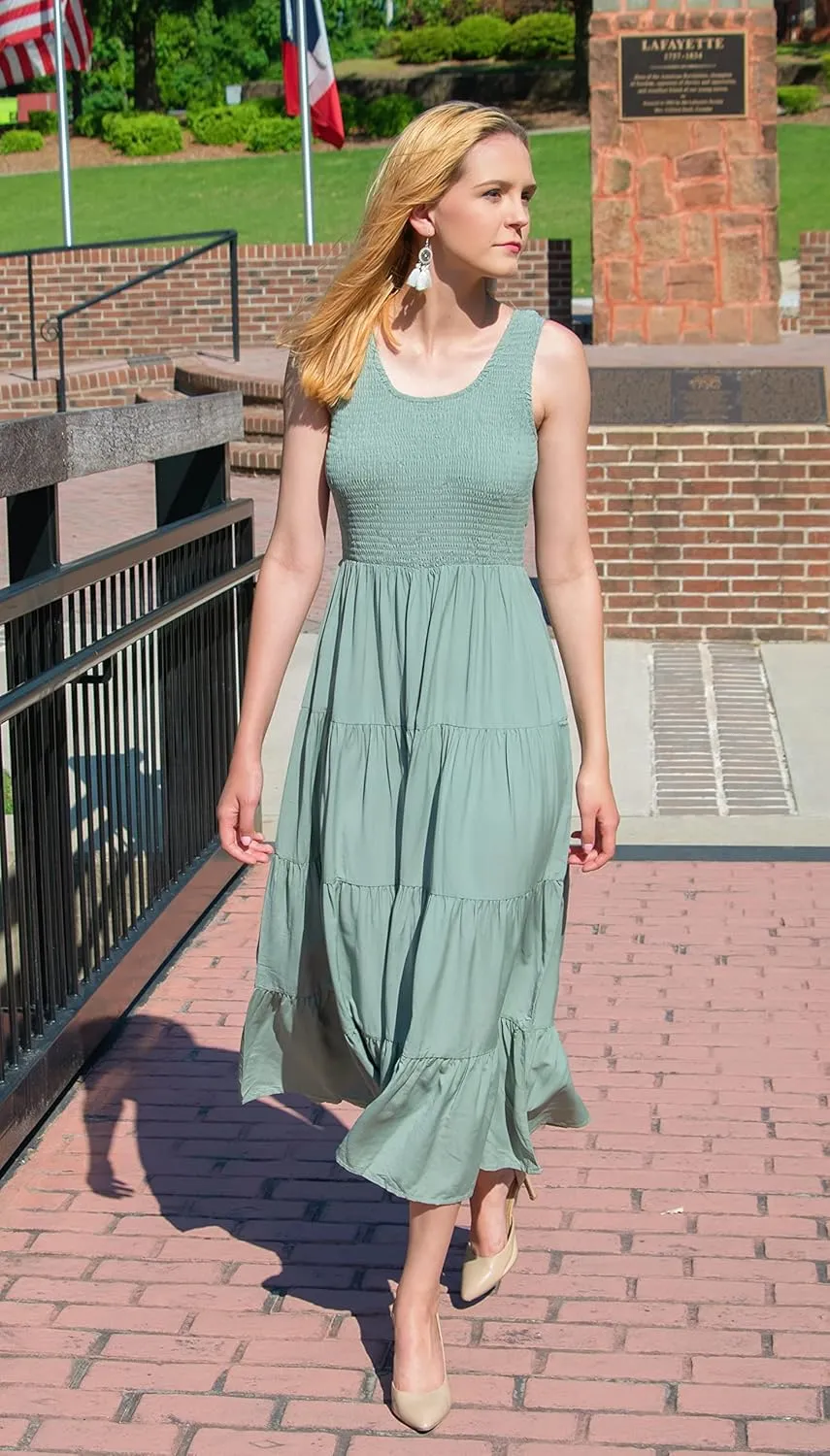 PRETTYGARDEN Women's 2025 Casual Loose Plain Maxi Sundress Smocked Tank Dress Sleeveless Summer Beach Tiered Long Dresses