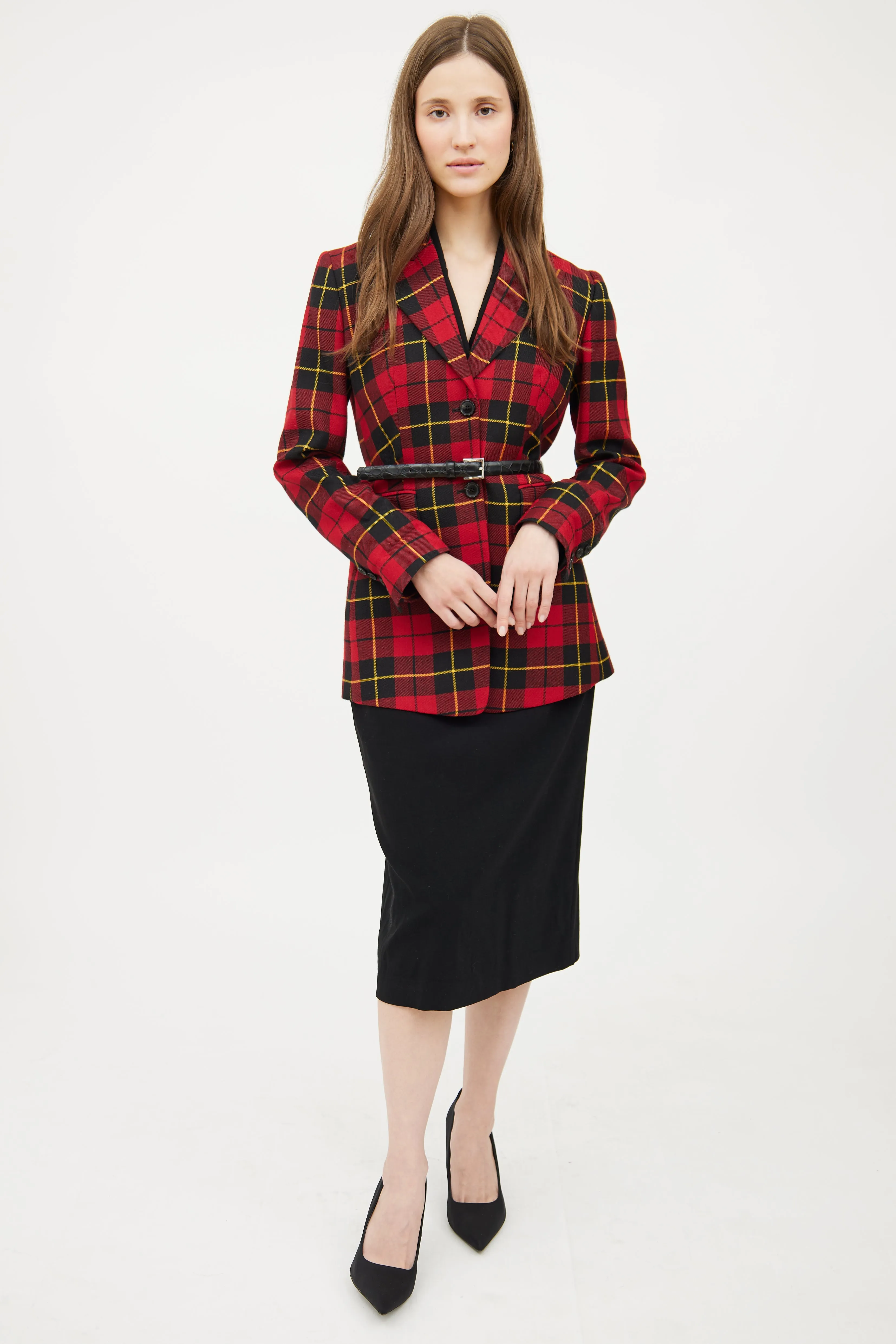 Red Plaid Long Sleeve Blazer