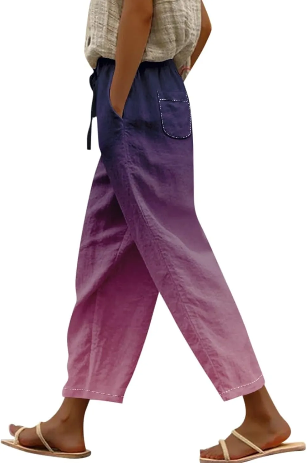 Resort Wear for Women 2025 Cotton Linen Elastic Seven Pants Beach Casual Pants Linen Casual Beach Long Pants