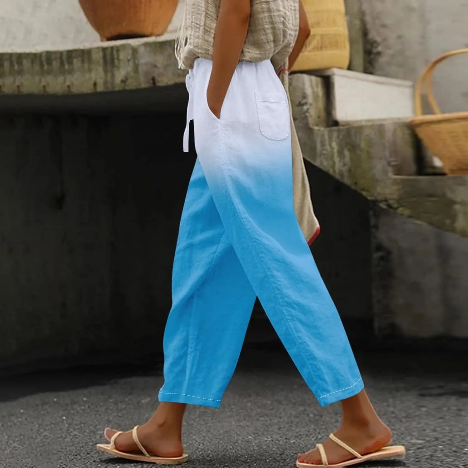 Resort Wear for Women 2025 Cotton Linen Elastic Seven Pants Beach Casual Pants Linen Casual Beach Long Pants