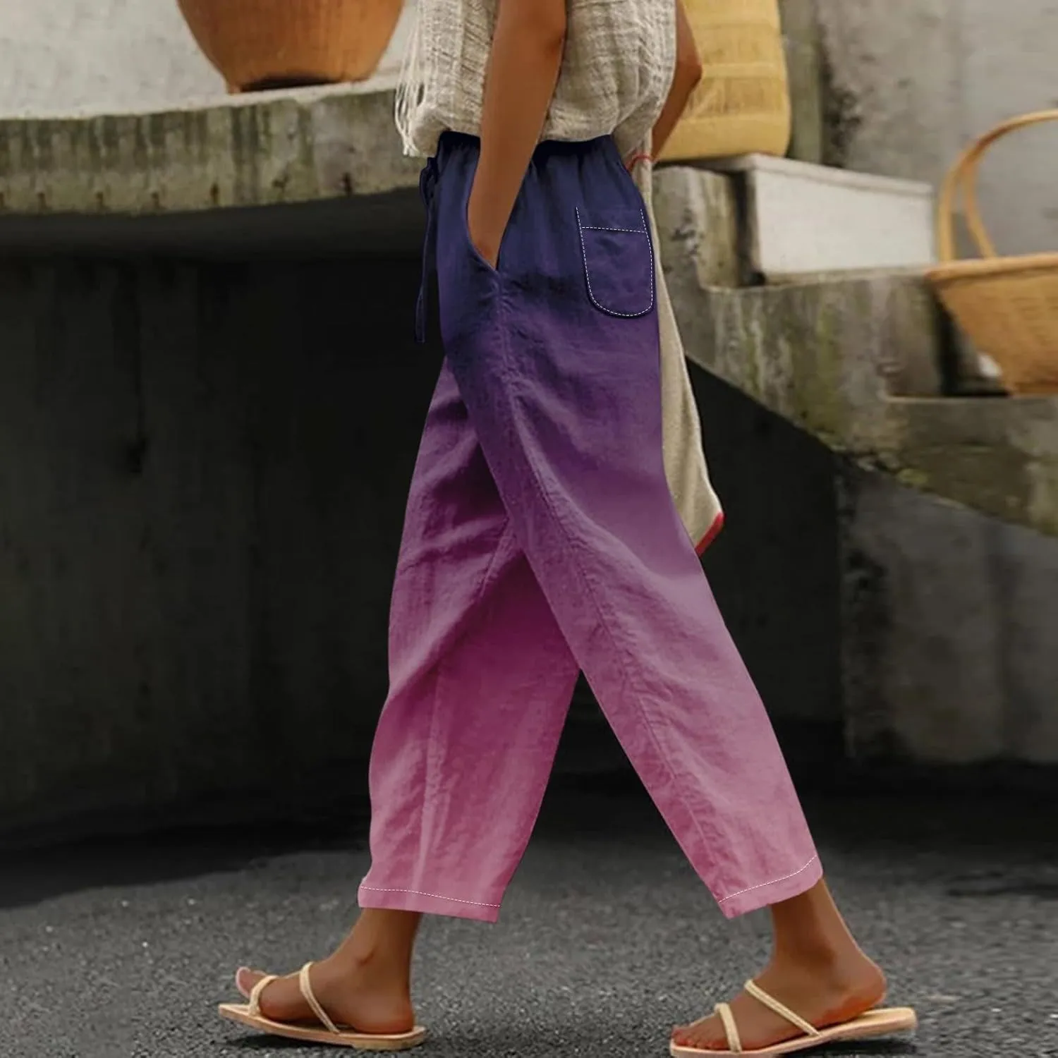 Resort Wear for Women 2025 Cotton Linen Elastic Seven Pants Beach Casual Pants Linen Casual Beach Long Pants