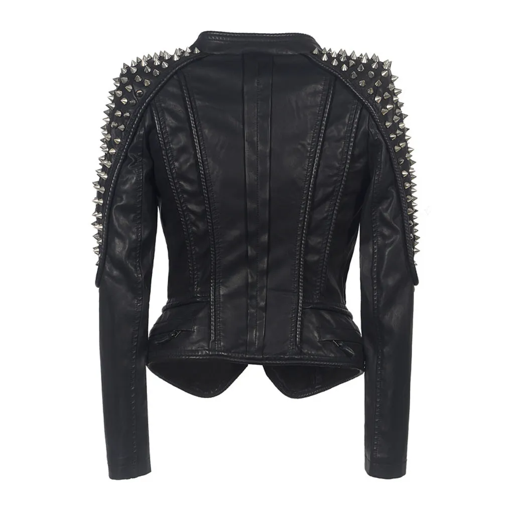 Sharp Metal Rivet High Neck Long Sleeve Zip Up Faux Leather Biker Jacket