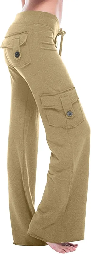 SHOPESSA Wide Leg Cargo Pants for Women High Rise Yoga Leggings with Pockets Plus Size Y2K Drawstring Straight Leg Pants