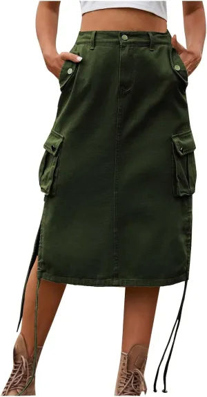 Skirts for Women Midi Length Side Split Tie Multi Pockets Cargo Skirt Summer Causal Loose Buttons Midi Skirts 2024