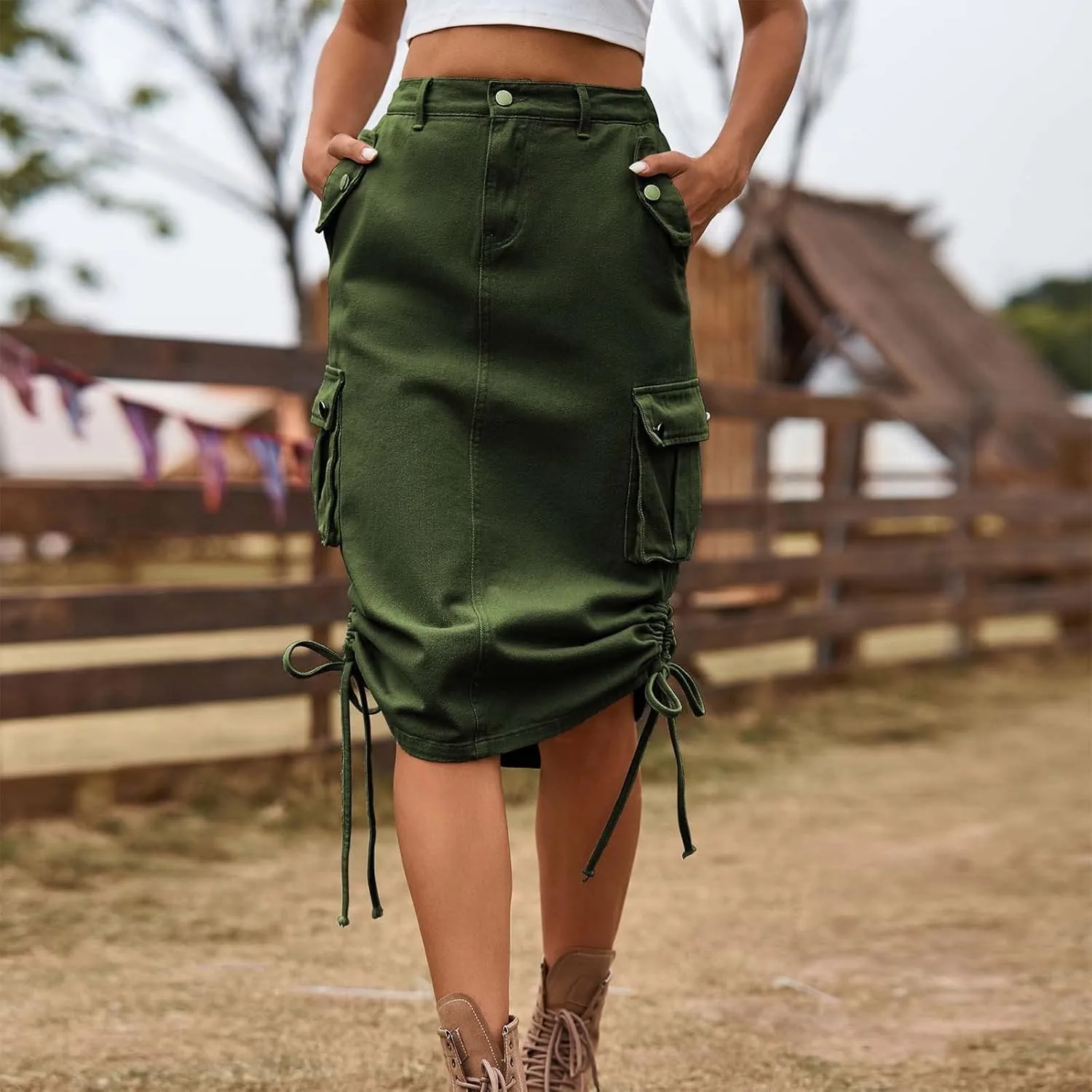 Skirts for Women Midi Length Side Split Tie Multi Pockets Cargo Skirt Summer Causal Loose Buttons Midi Skirts 2024