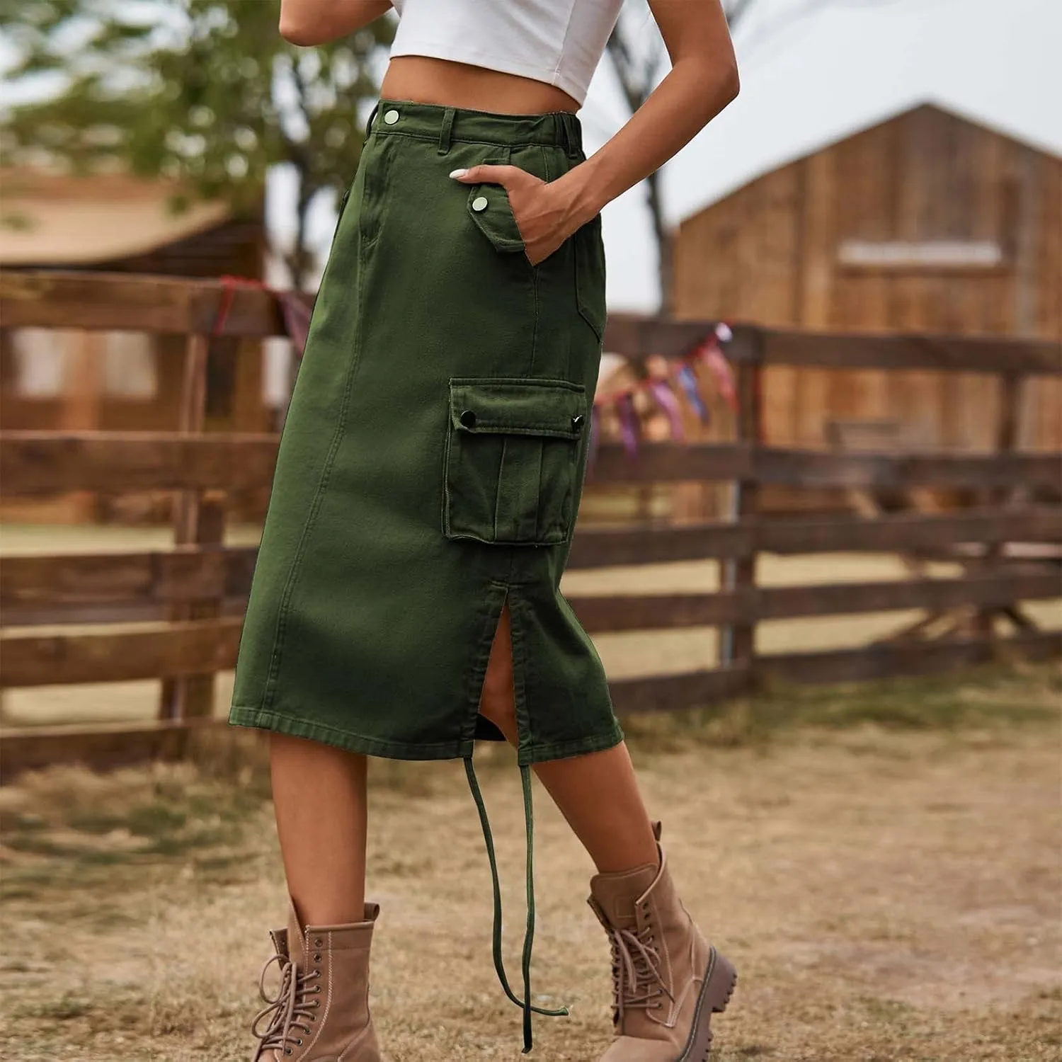 Skirts for Women Midi Length Side Split Tie Multi Pockets Cargo Skirt Summer Causal Loose Buttons Midi Skirts 2024
