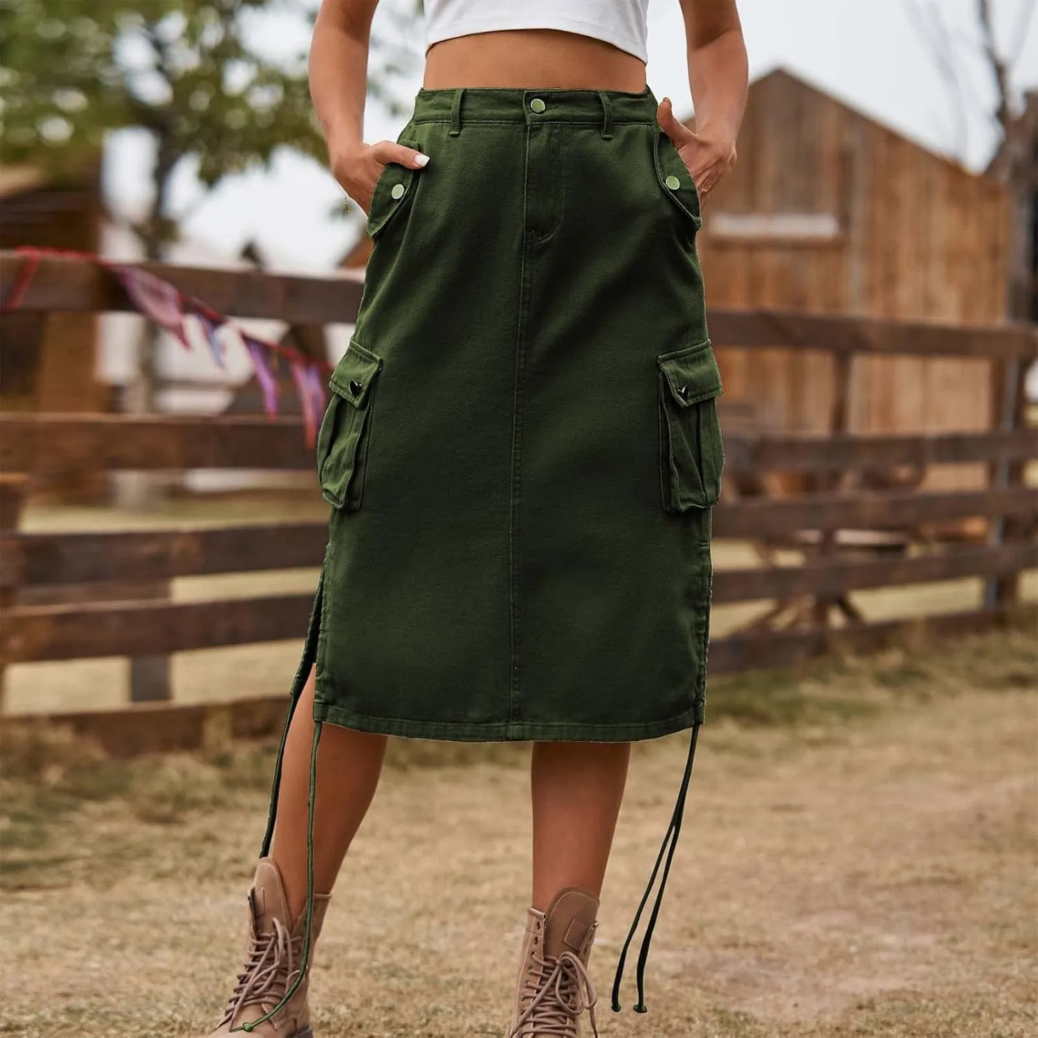 Skirts for Women Midi Length Side Split Tie Multi Pockets Cargo Skirt Summer Causal Loose Buttons Midi Skirts 2024