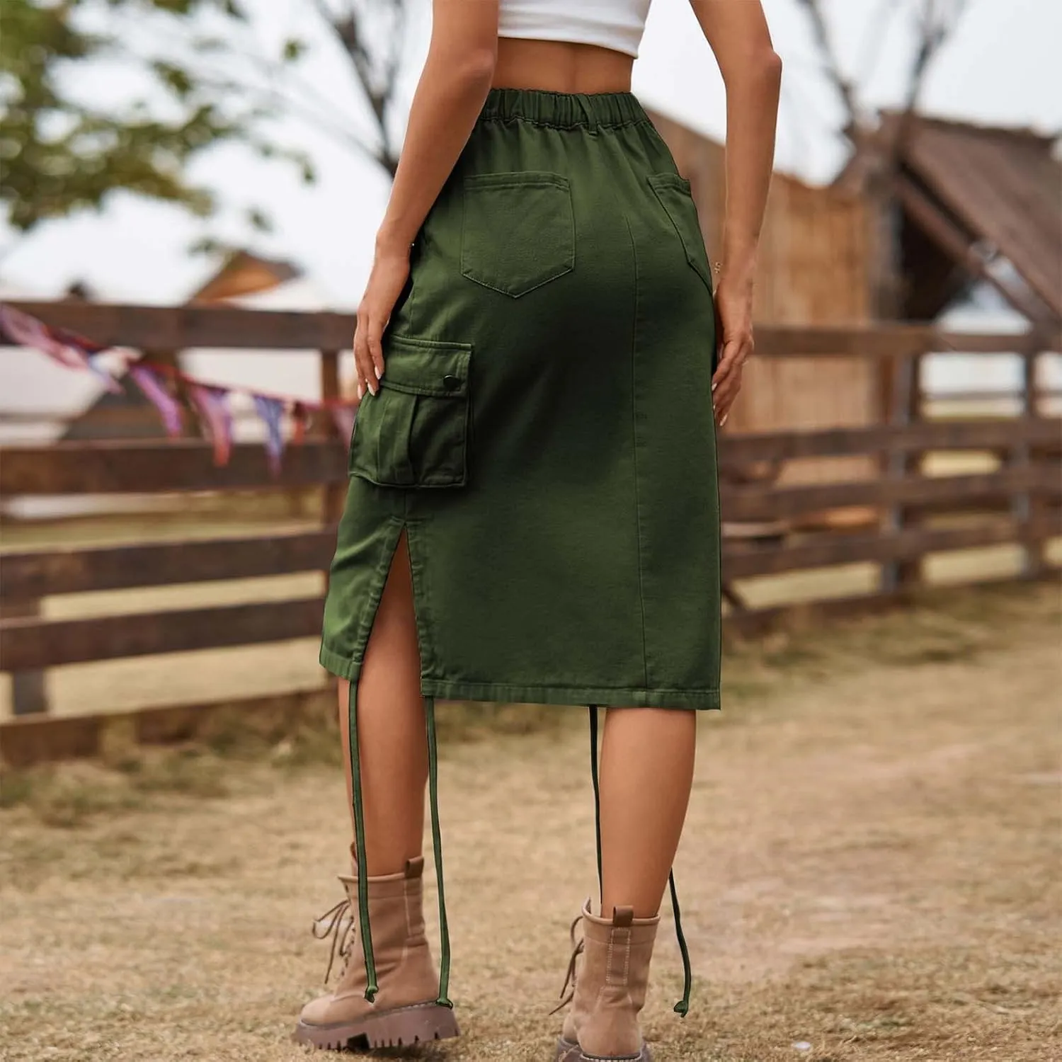 Skirts for Women Midi Length Side Split Tie Multi Pockets Cargo Skirt Summer Causal Loose Buttons Midi Skirts 2024