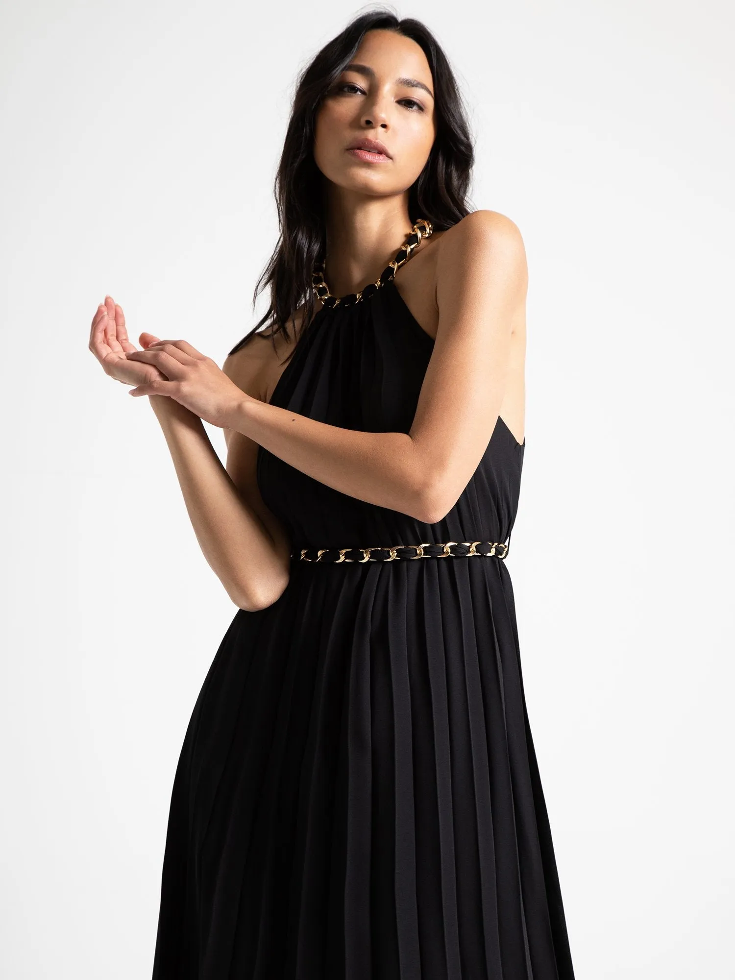 Sleeveless Chain Belt Pleated Midi Dress - Hidden Label