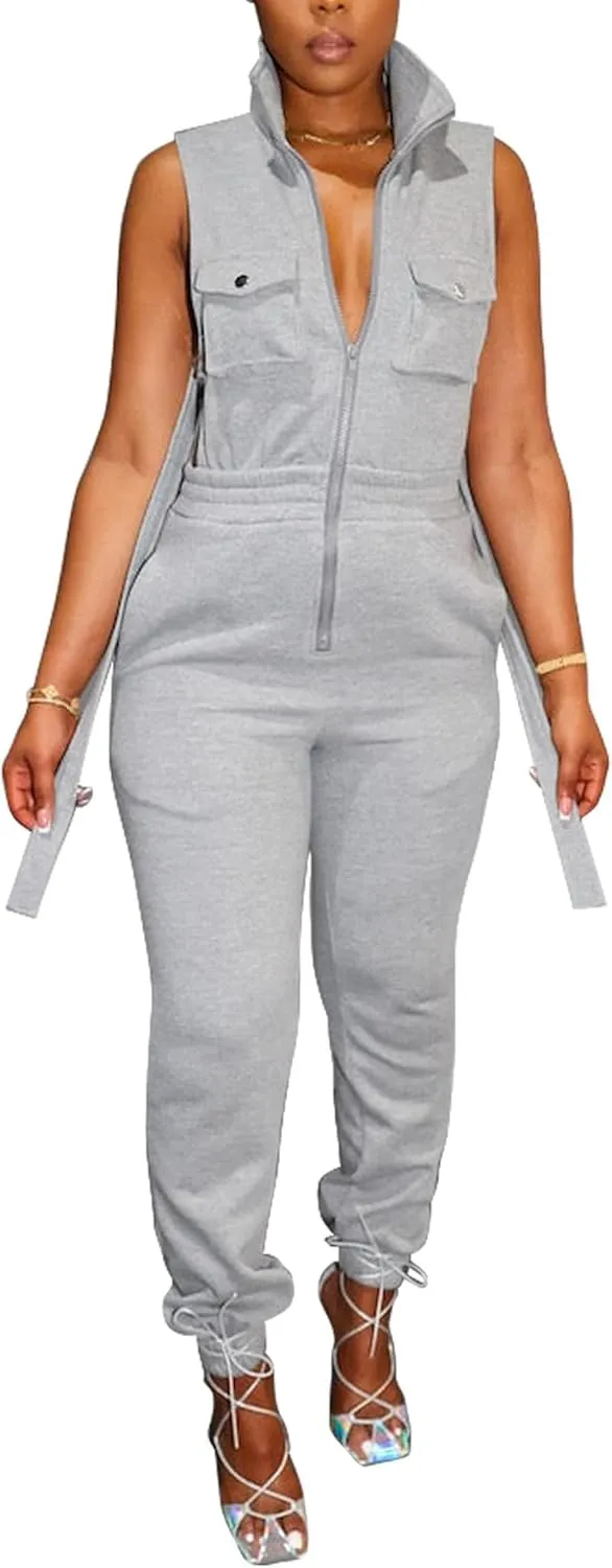 SOMTHRON Women's Sexy Cargo Jumpsuits Lapel Zip up Sleeveless Elastic Waist Jogger Pants Hollow Out One Piece Rompers