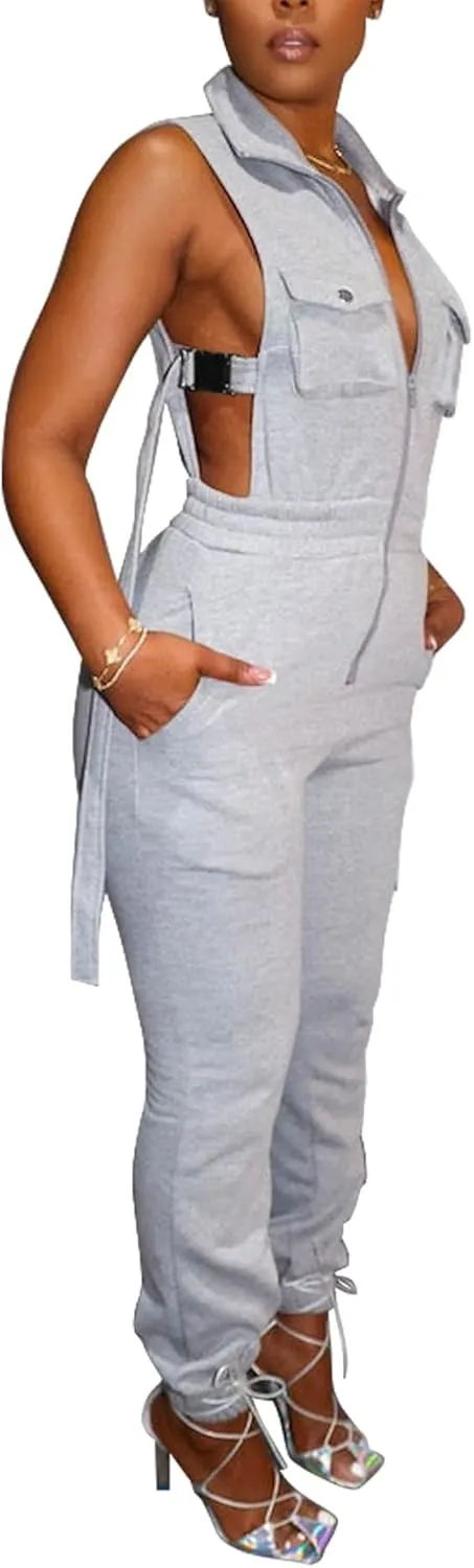 SOMTHRON Women's Sexy Cargo Jumpsuits Lapel Zip up Sleeveless Elastic Waist Jogger Pants Hollow Out One Piece Rompers