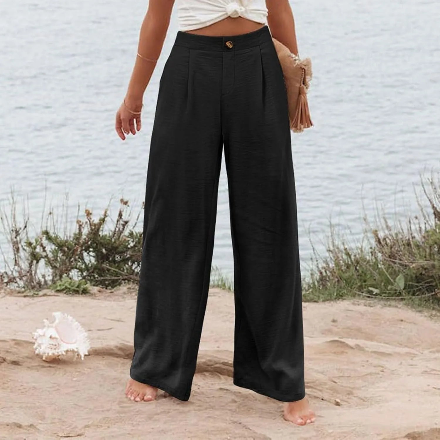 Striped Linen Pants Women Summer Casual Button Up Wide Leg Linen Pants Vintage Palazzo Lounge Pants with Pockets