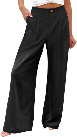 Striped Linen Pants Women Summer Casual Button Up Wide Leg Linen Pants Vintage Palazzo Lounge Pants with Pockets