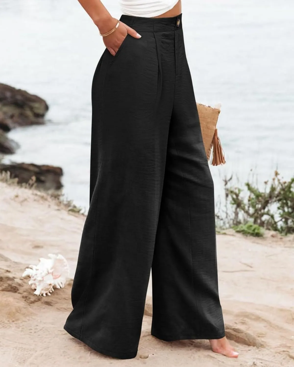 Striped Linen Pants Women Summer Casual Button Up Wide Leg Linen Pants Vintage Palazzo Lounge Pants with Pockets