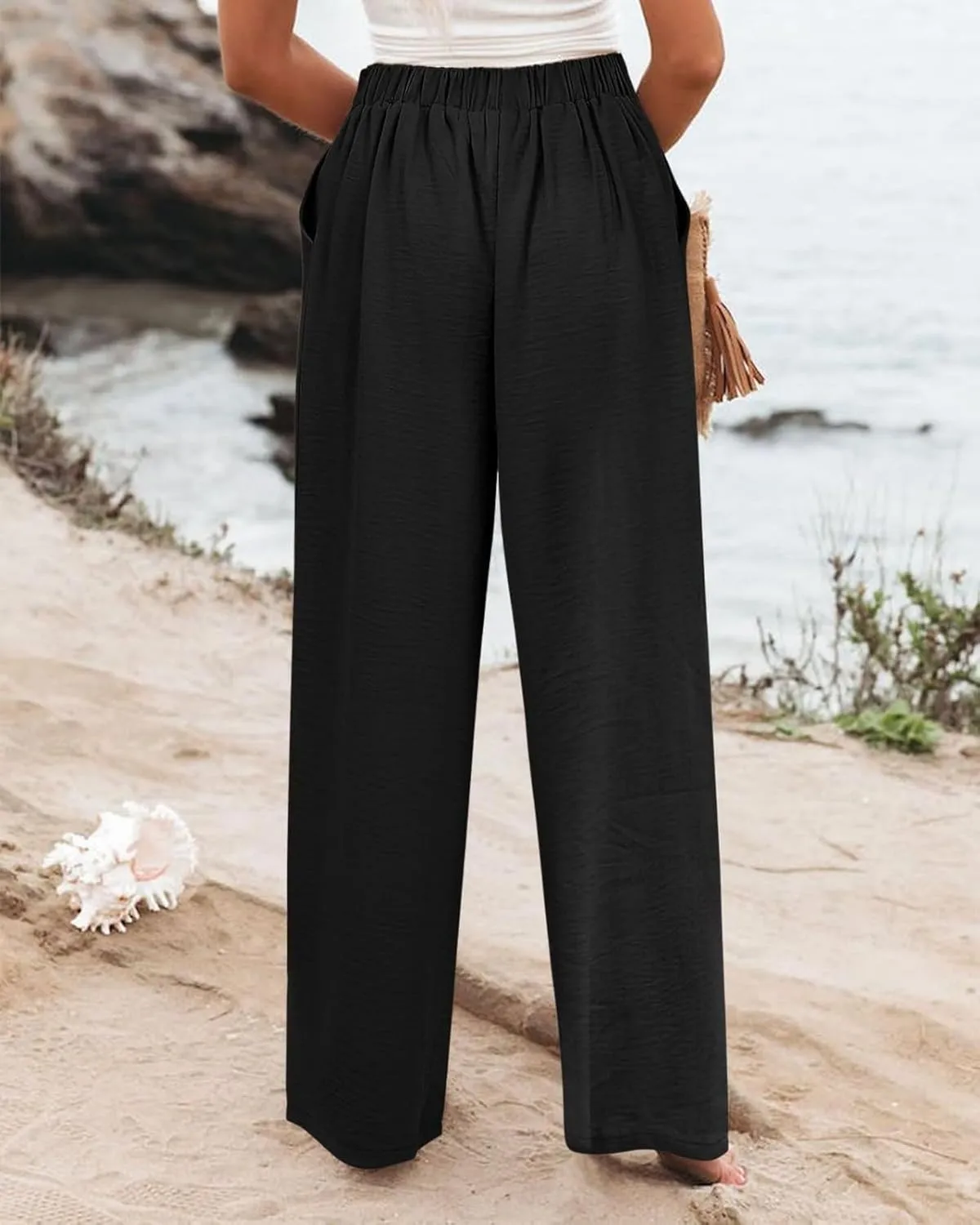 Striped Linen Pants Women Summer Casual Button Up Wide Leg Linen Pants Vintage Palazzo Lounge Pants with Pockets