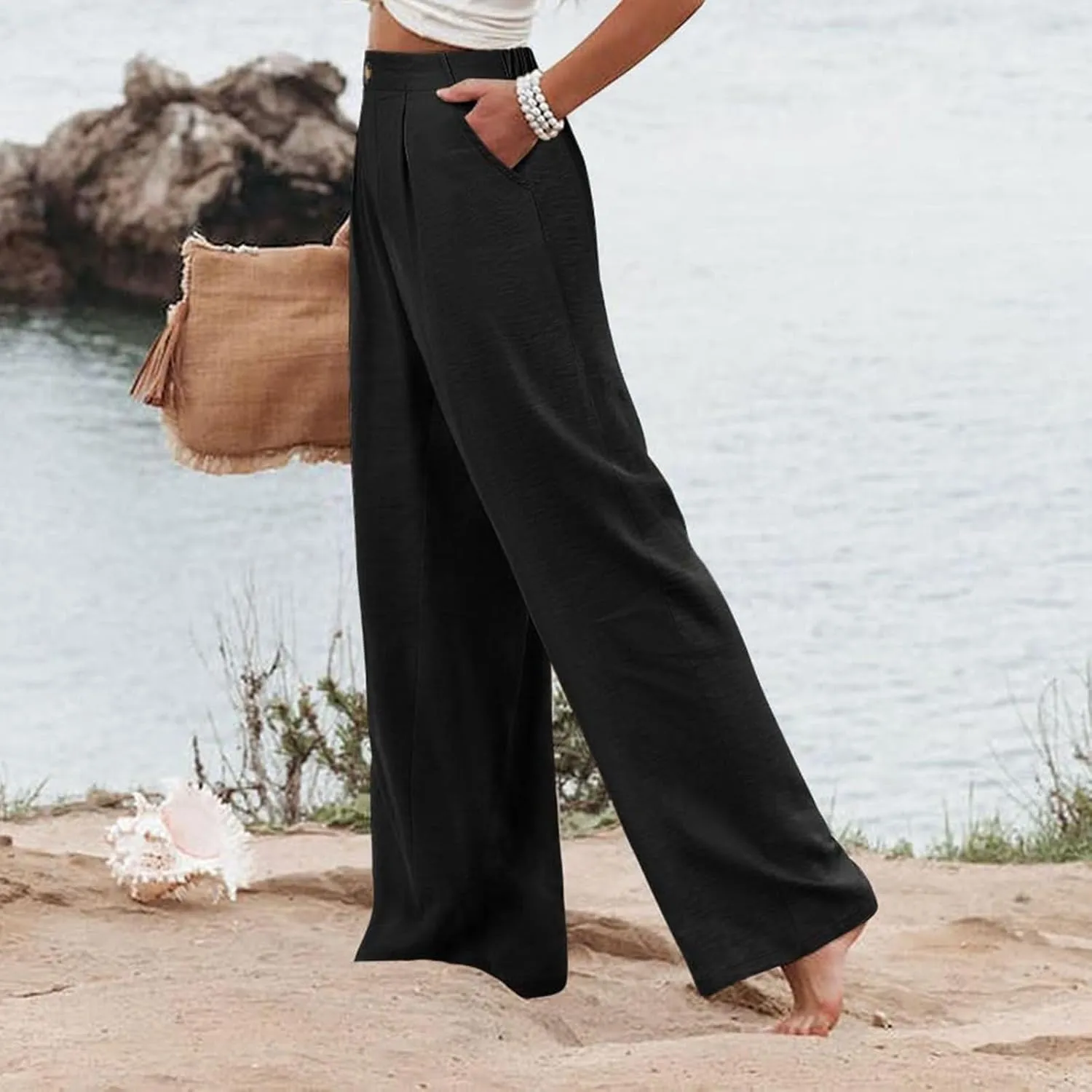 Striped Linen Pants Women Summer Casual Button Up Wide Leg Linen Pants Vintage Palazzo Lounge Pants with Pockets