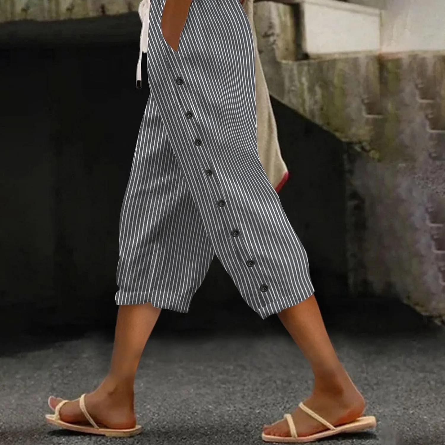 Striped Pants Women Linen Capris for Women Summer Wide Leg Loose Drawstring Elastic Waist Trouser