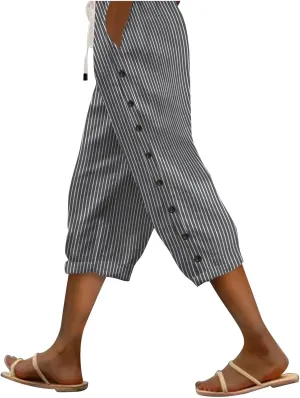 Striped Pants Women Linen Capris for Women Summer Wide Leg Loose Drawstring Elastic Waist Trouser