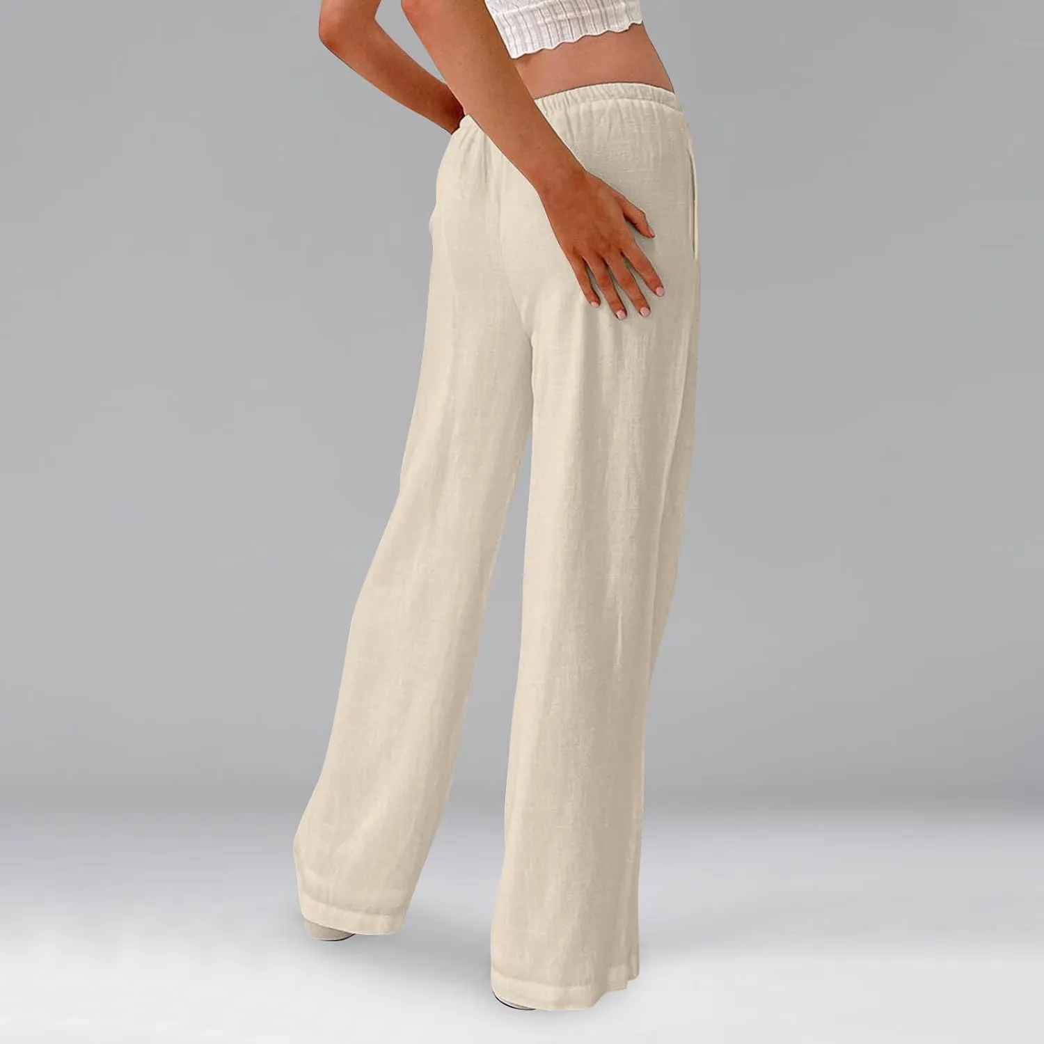 Summer Casual Pants for Women High Wasited Cotton Linen Palazzo Pants Loose Fit Drawstring Work Pants Long Trousers