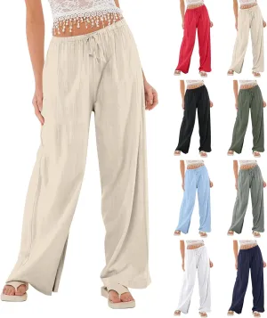 Summer Casual Pants for Women High Wasited Cotton Linen Palazzo Pants Loose Fit Drawstring Work Pants Long Trousers