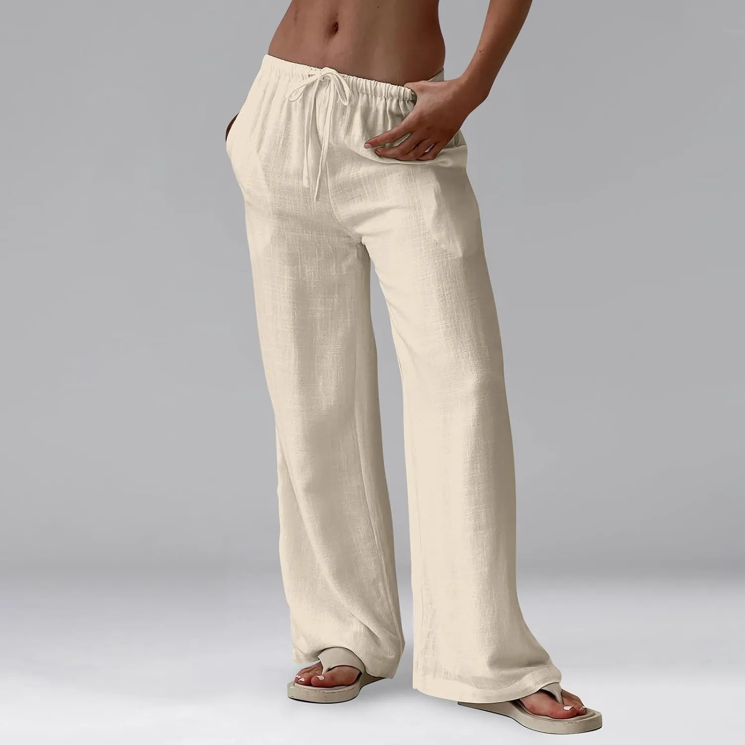 Summer Casual Pants for Women High Wasited Cotton Linen Palazzo Pants Loose Fit Drawstring Work Pants Long Trousers