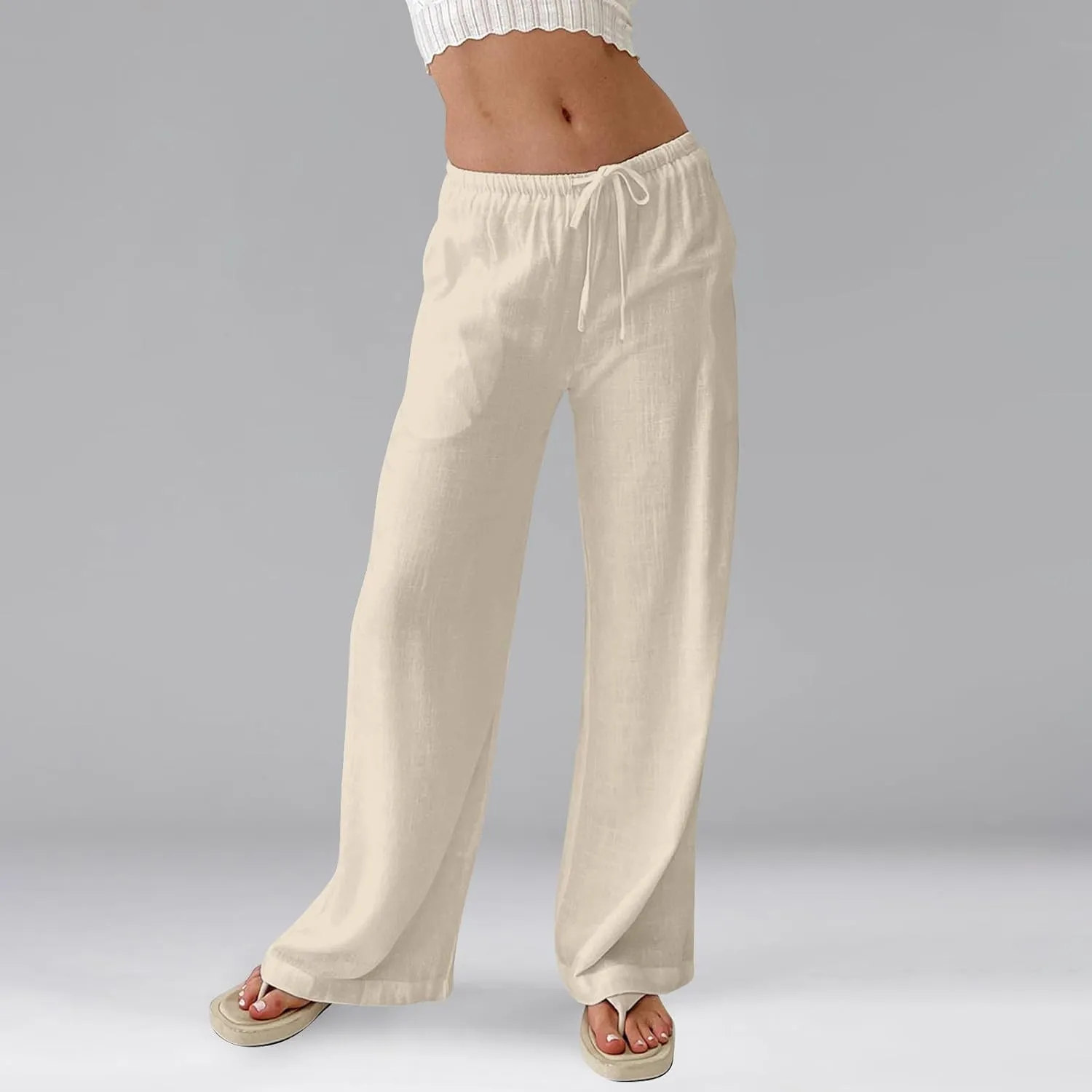 Summer Casual Pants for Women High Wasited Cotton Linen Palazzo Pants Loose Fit Drawstring Work Pants Long Trousers