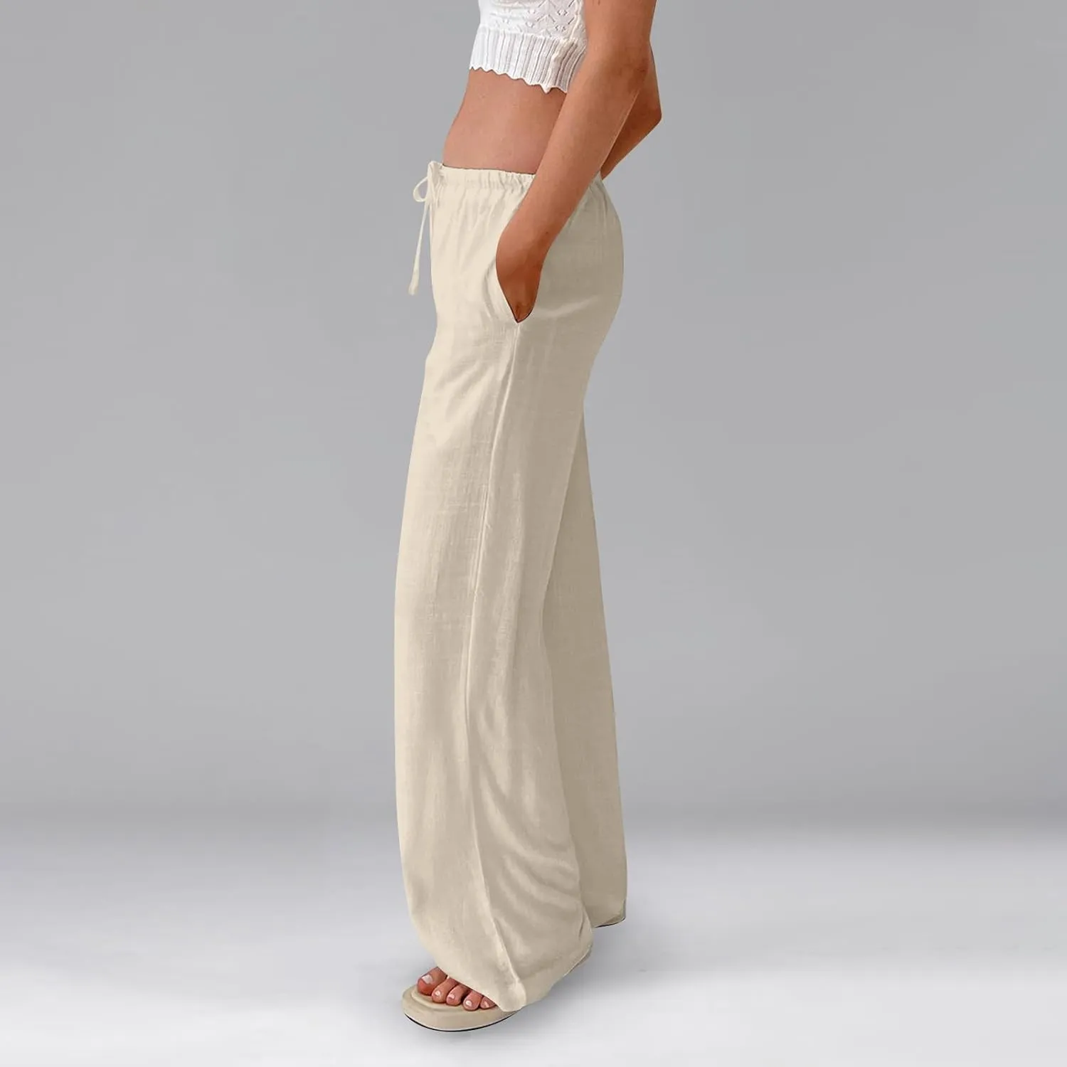Summer Casual Pants for Women High Wasited Cotton Linen Palazzo Pants Loose Fit Drawstring Work Pants Long Trousers