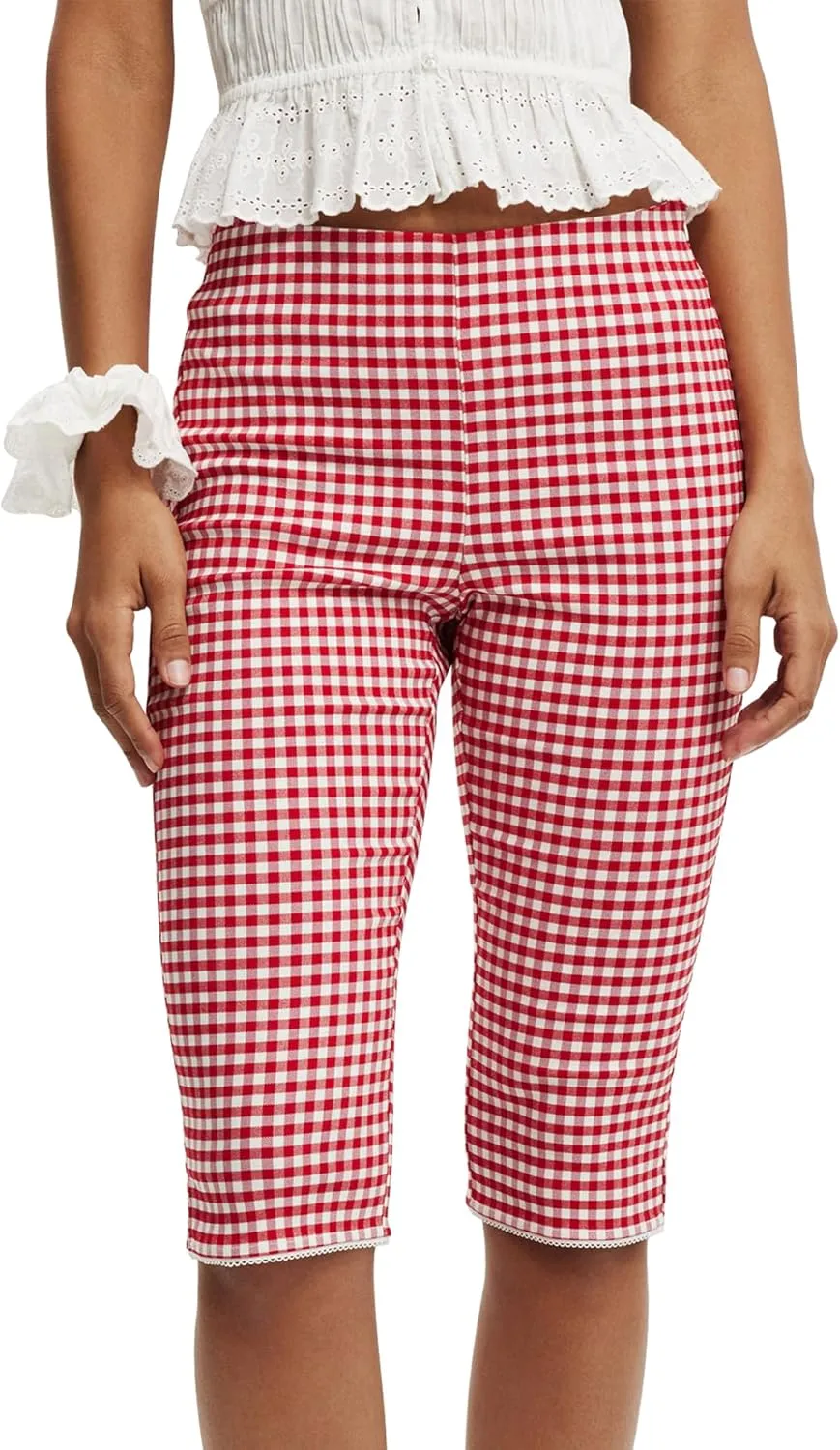 Sunloudy Y2k Capri Pants for Women Gingham Tights Knee Length Bottom Low Waist 3/4 Length Cropped Legging Coquette Streetwear