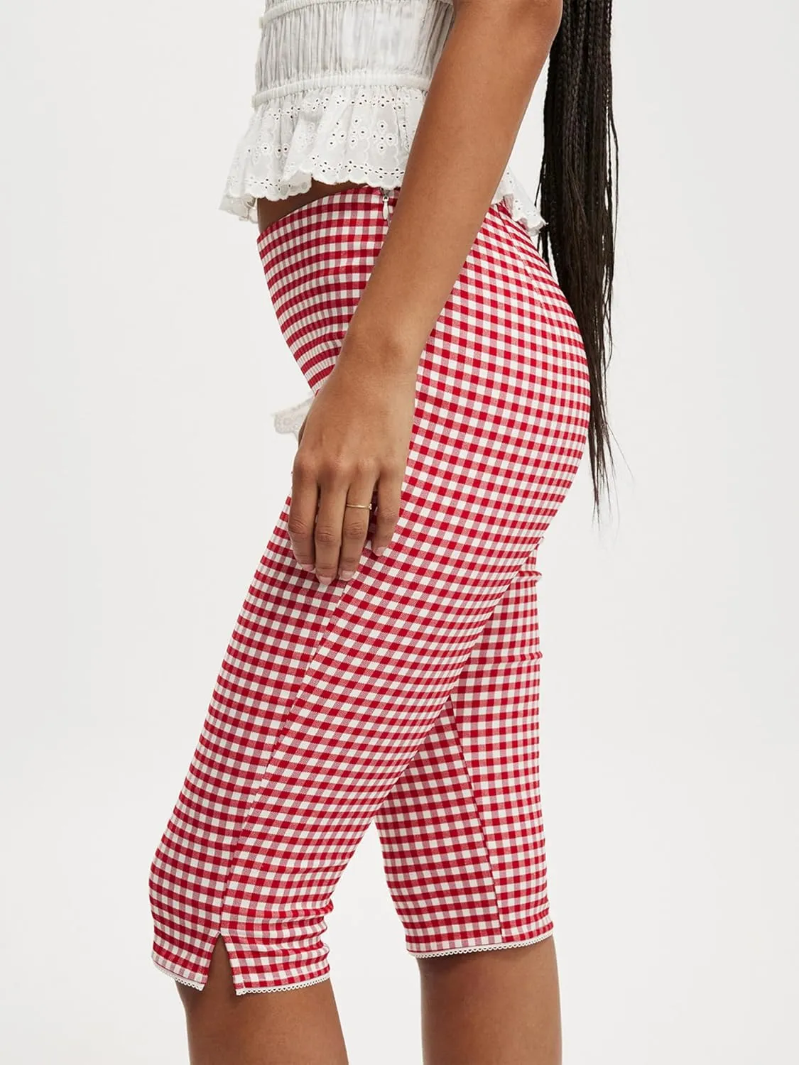 Sunloudy Y2k Capri Pants for Women Gingham Tights Knee Length Bottom Low Waist 3/4 Length Cropped Legging Coquette Streetwear