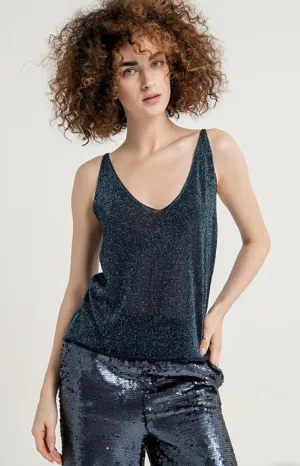 Surkana Plain lurex V-neck top with straps Blue