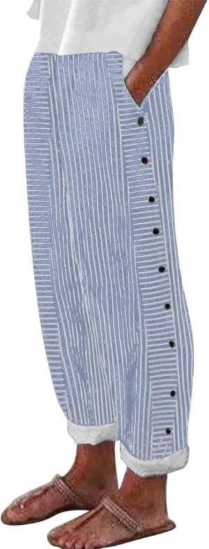 Today Deals Linen Pants Women Summer 2024 Striped Casual Elastic High Waist Straight Leg Loose Boho Trendy Trousers Cropped Trouser, XX-Large, Women2-blue