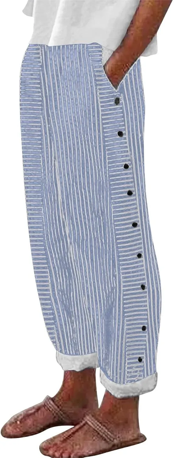 Today Deals Linen Pants Women Summer 2024 Striped Casual Elastic High Waist Straight Leg Loose Boho Trendy Trousers Cropped Trouser, XX-Large, Women2-blue