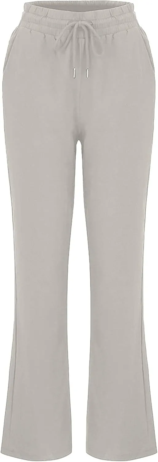 tuduoms Linen Bootcut Lounge Pants for Summer Business Casual Comfy Loose Work Trousers Women High Waist Wide Leg Yoga Pants