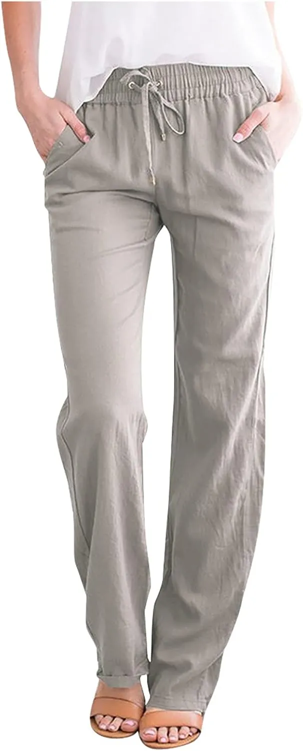tuduoms Linen Bootcut Lounge Pants for Summer Business Casual Comfy Loose Work Trousers Women High Waist Wide Leg Yoga Pants