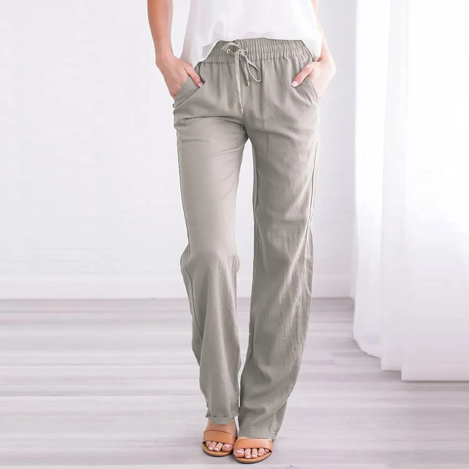 tuduoms Linen Bootcut Lounge Pants for Summer Business Casual Comfy Loose Work Trousers Women High Waist Wide Leg Yoga Pants