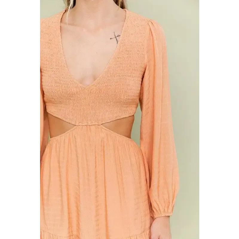 V NECK SMOCKING BODICE DRESS