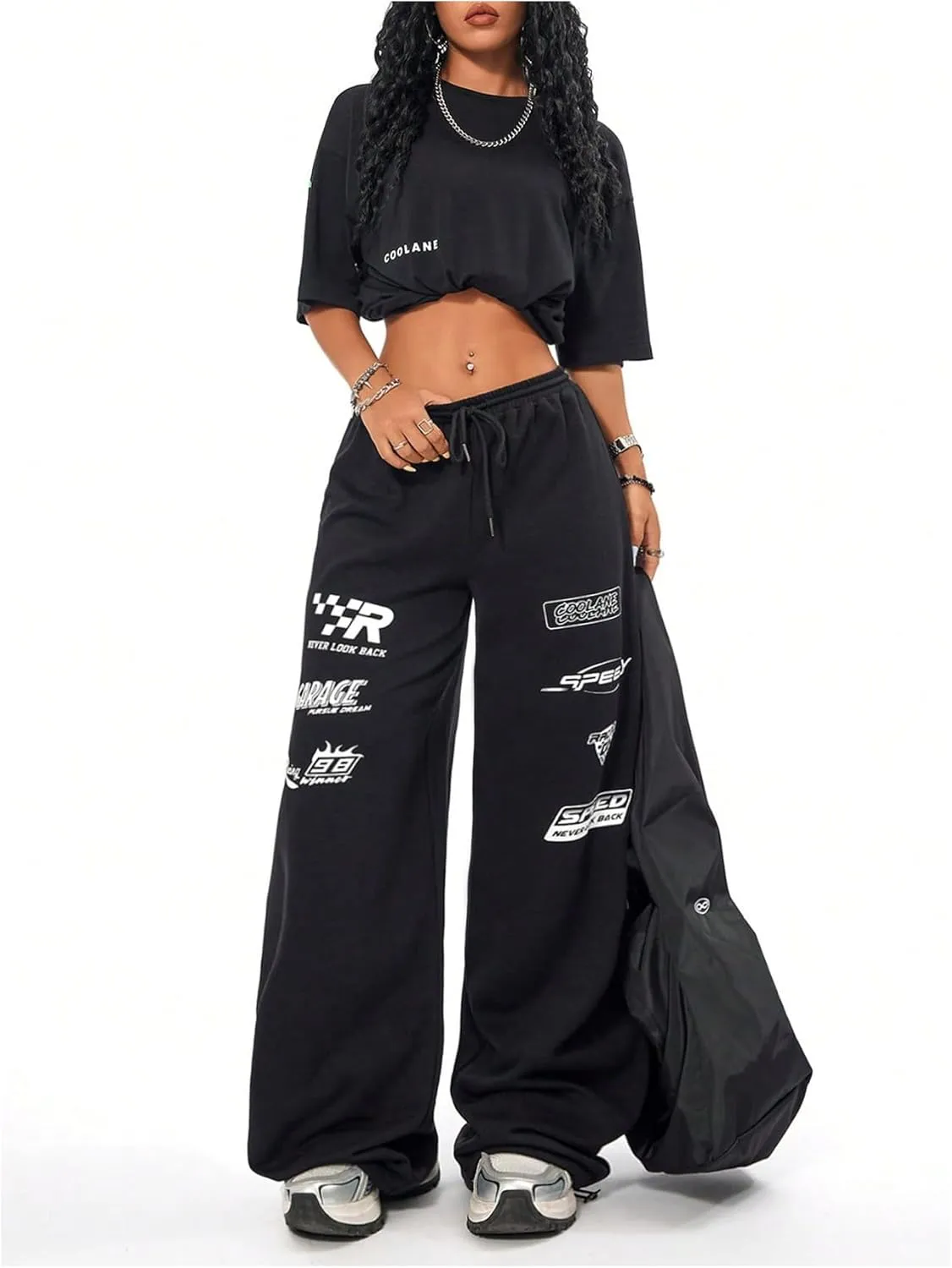 Verdusa Women's Elastic Waist Drawstring Loose Jogger Pants Letter Printed Wide Leg Sweatpants