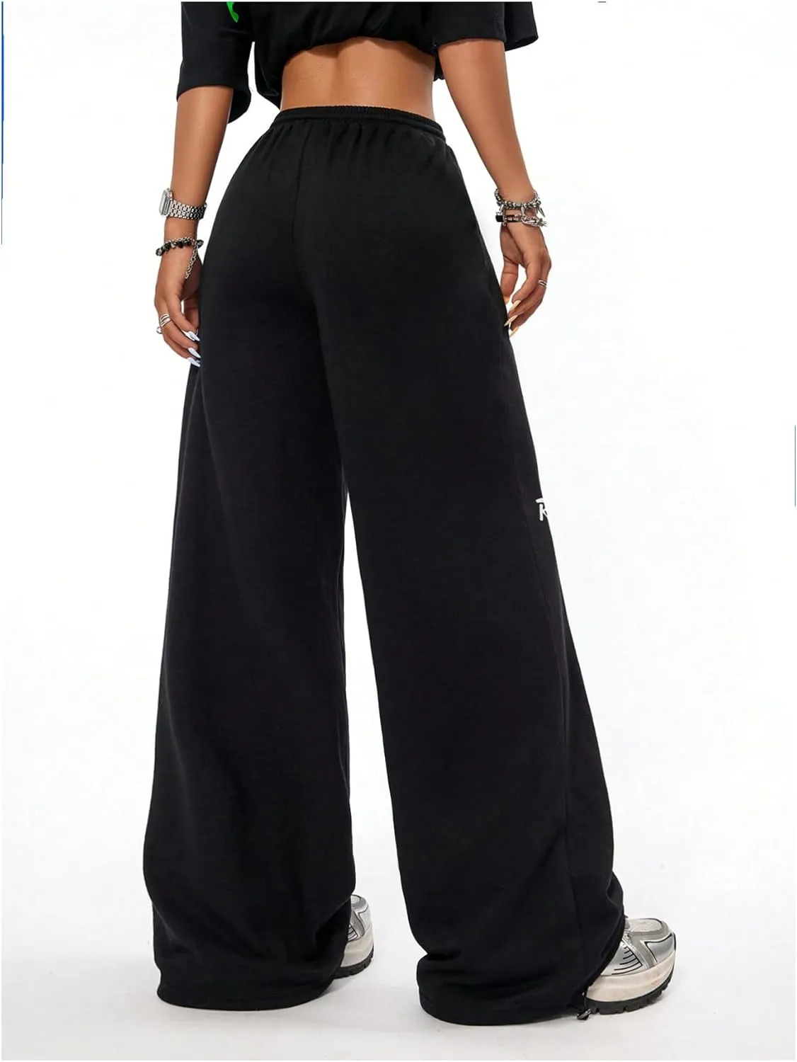 Verdusa Women's Elastic Waist Drawstring Loose Jogger Pants Letter Printed Wide Leg Sweatpants