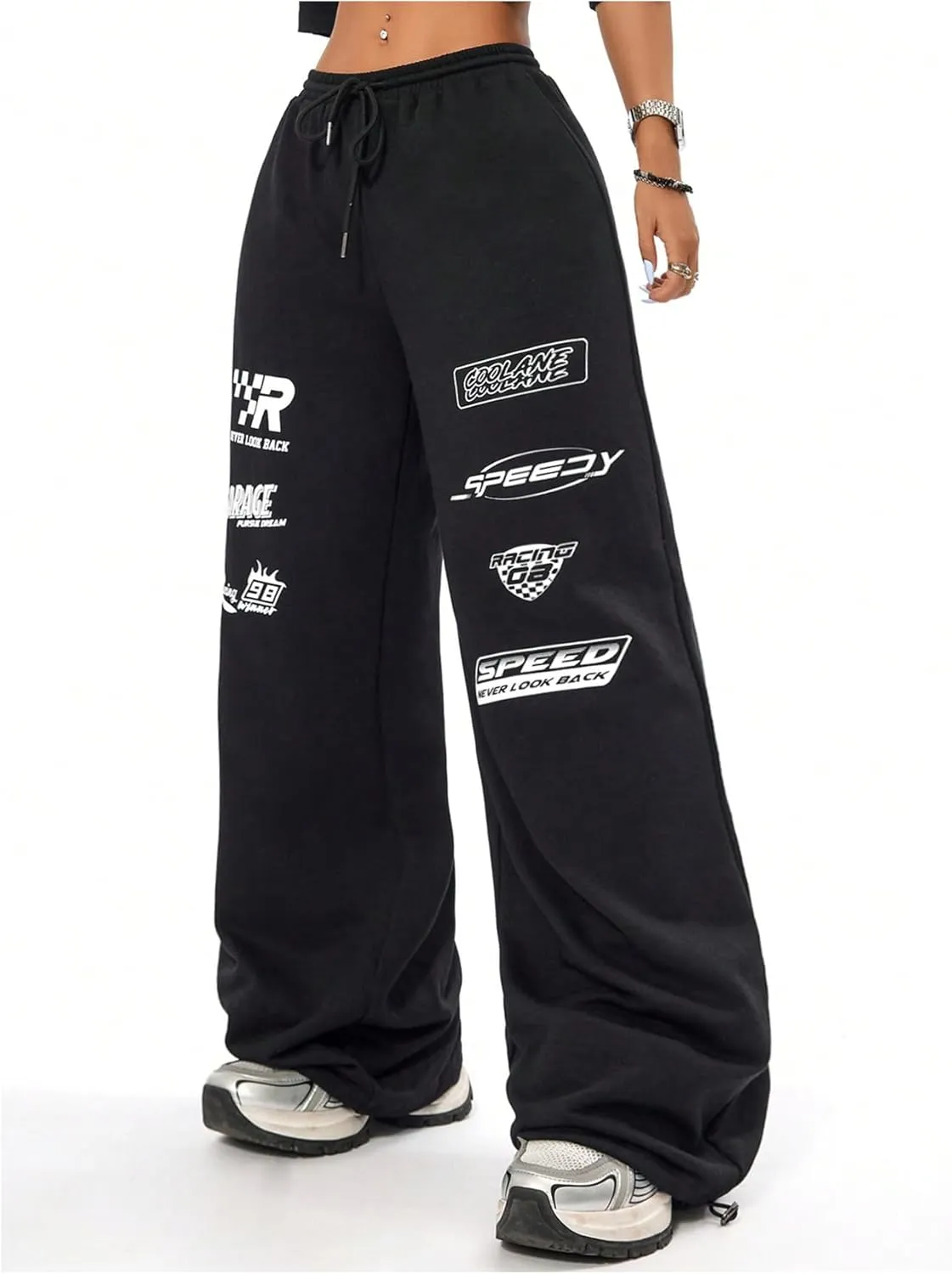 Verdusa Women's Elastic Waist Drawstring Loose Jogger Pants Letter Printed Wide Leg Sweatpants