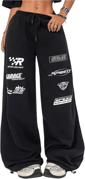 Verdusa Women's Elastic Waist Drawstring Loose Jogger Pants Letter Printed Wide Leg Sweatpants