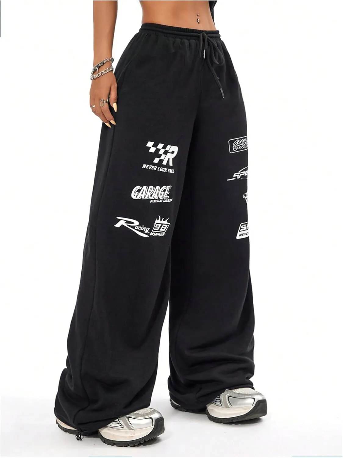 Verdusa Women's Elastic Waist Drawstring Loose Jogger Pants Letter Printed Wide Leg Sweatpants