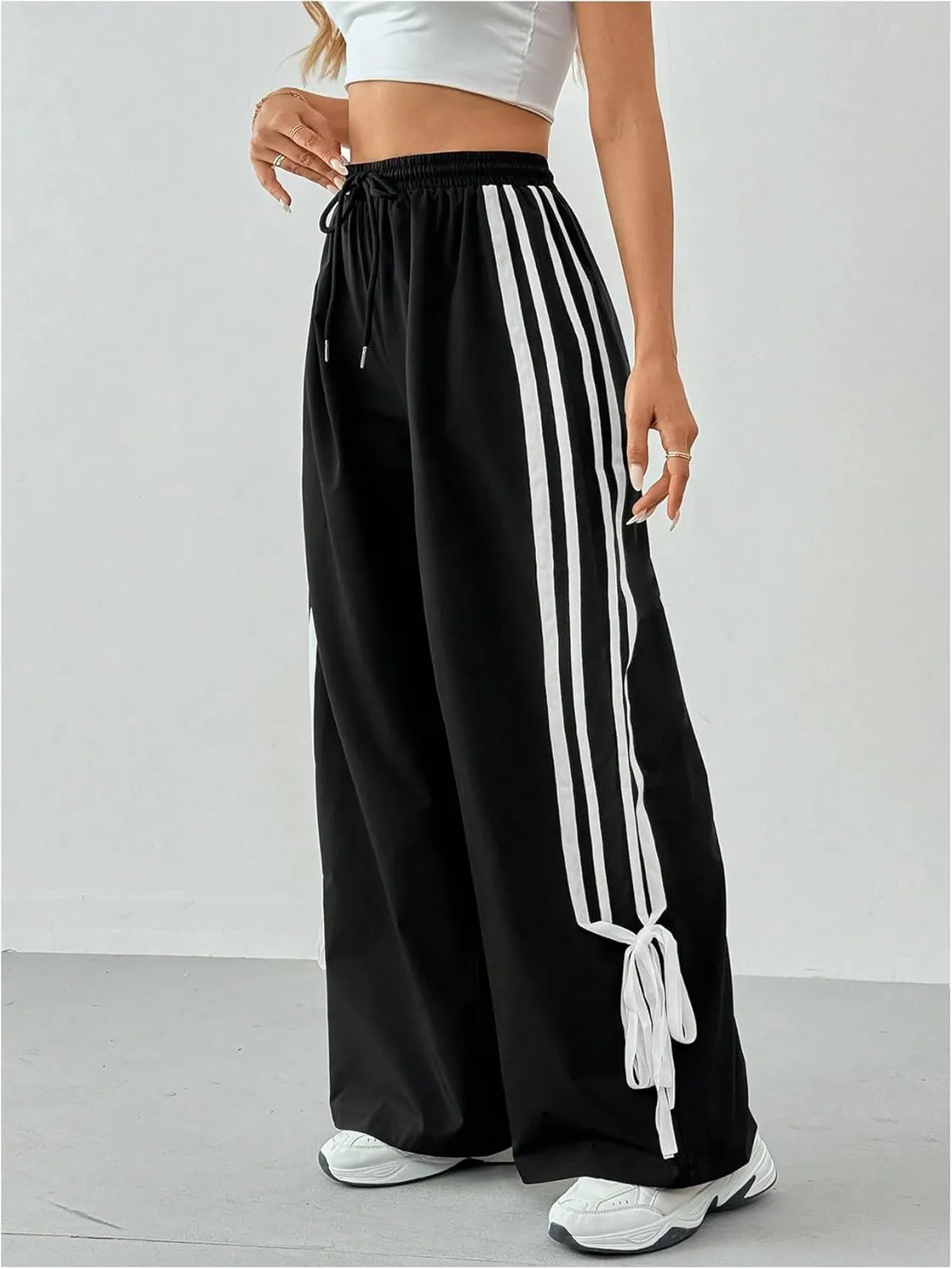 WDIRARA Girl's Side Striped Wide Leg Track Pants Bow Elastic High Waist Sweatpants