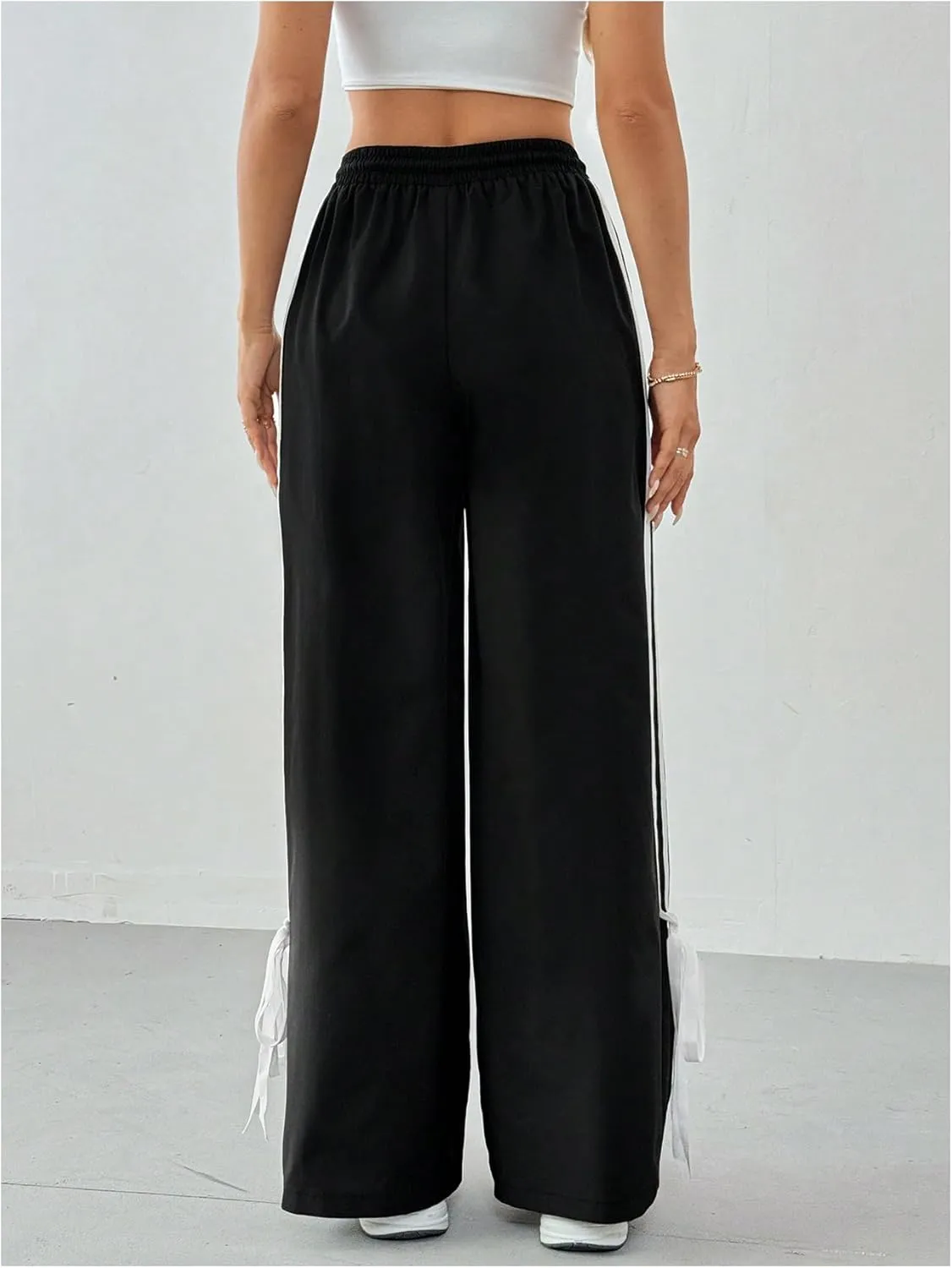 WDIRARA Girl's Side Striped Wide Leg Track Pants Bow Elastic High Waist Sweatpants