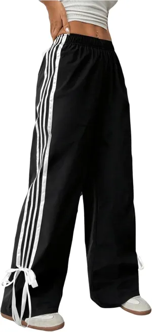 WDIRARA Girl's Side Striped Wide Leg Track Pants Bow Elastic High Waist Sweatpants